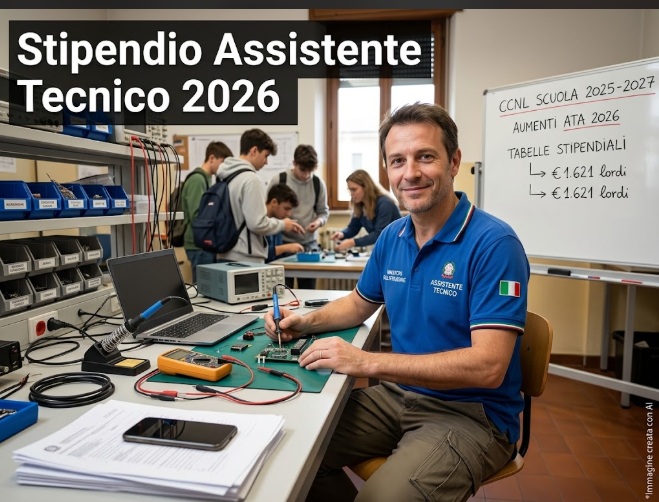 AT al lavoro in laboratorio. In primo piano la scritta: Stipendio Assistente Tecnico 2026