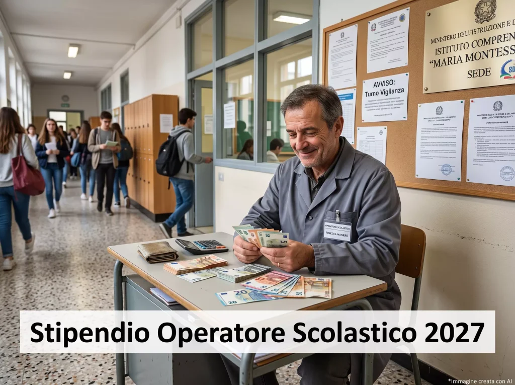 Operatore Scolastico che, seduto alla sua scrivania nel corridoio di una scuola, conta le banconote del suo stipendio. In primo piano la scritta "Stipendio Operatore Scolastico 2027".