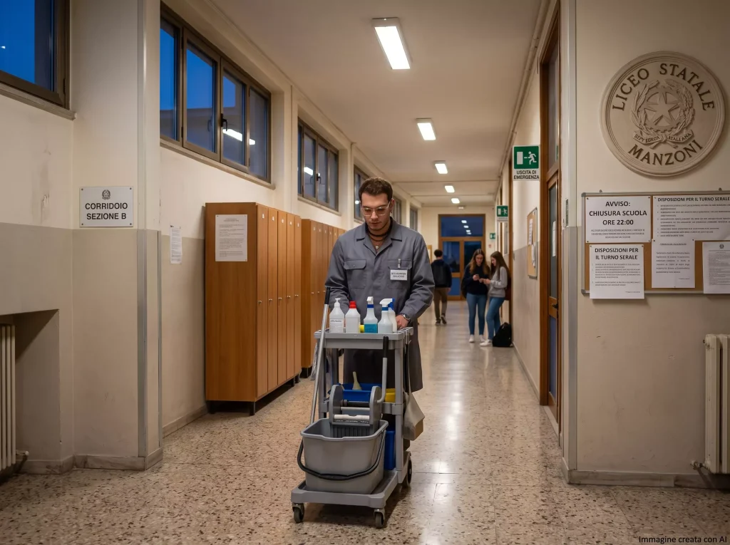 Turno Serale del Collaboratore Scolastico: CS nel corridoio della scuola