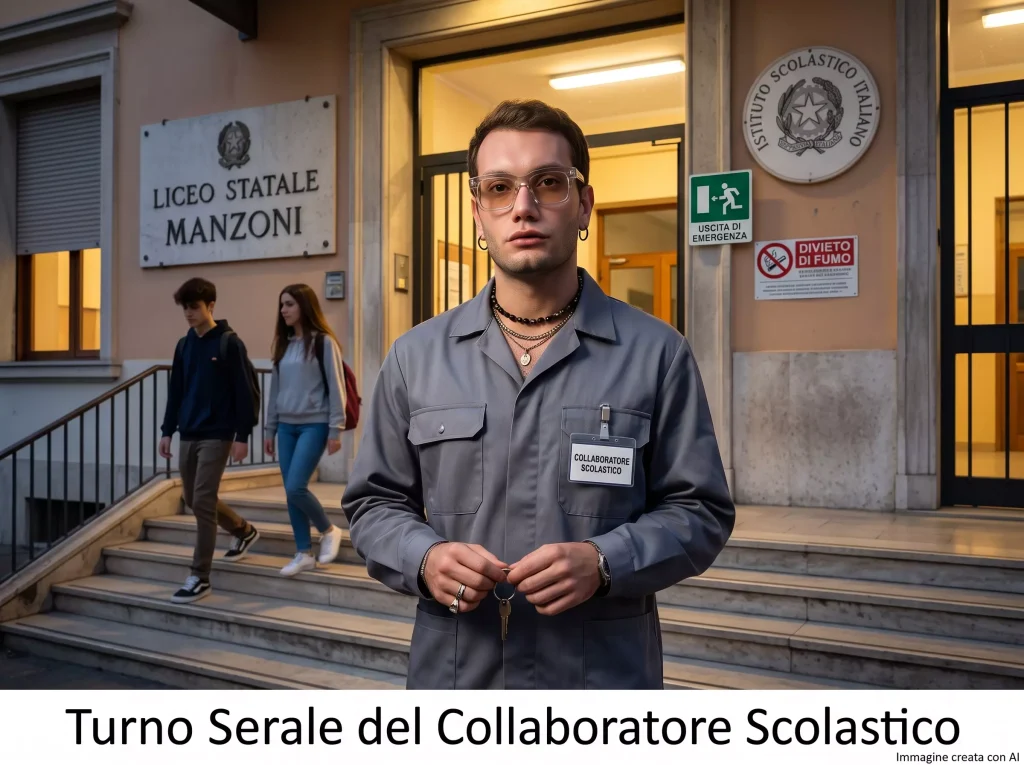 CS davanti ad una scuola. In primo piano la scritta "Turno Serale del Collaboratore Scolastico"