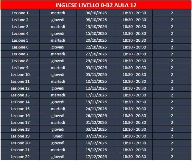 Calendario delle Lezioni Live – Livello 0-B2