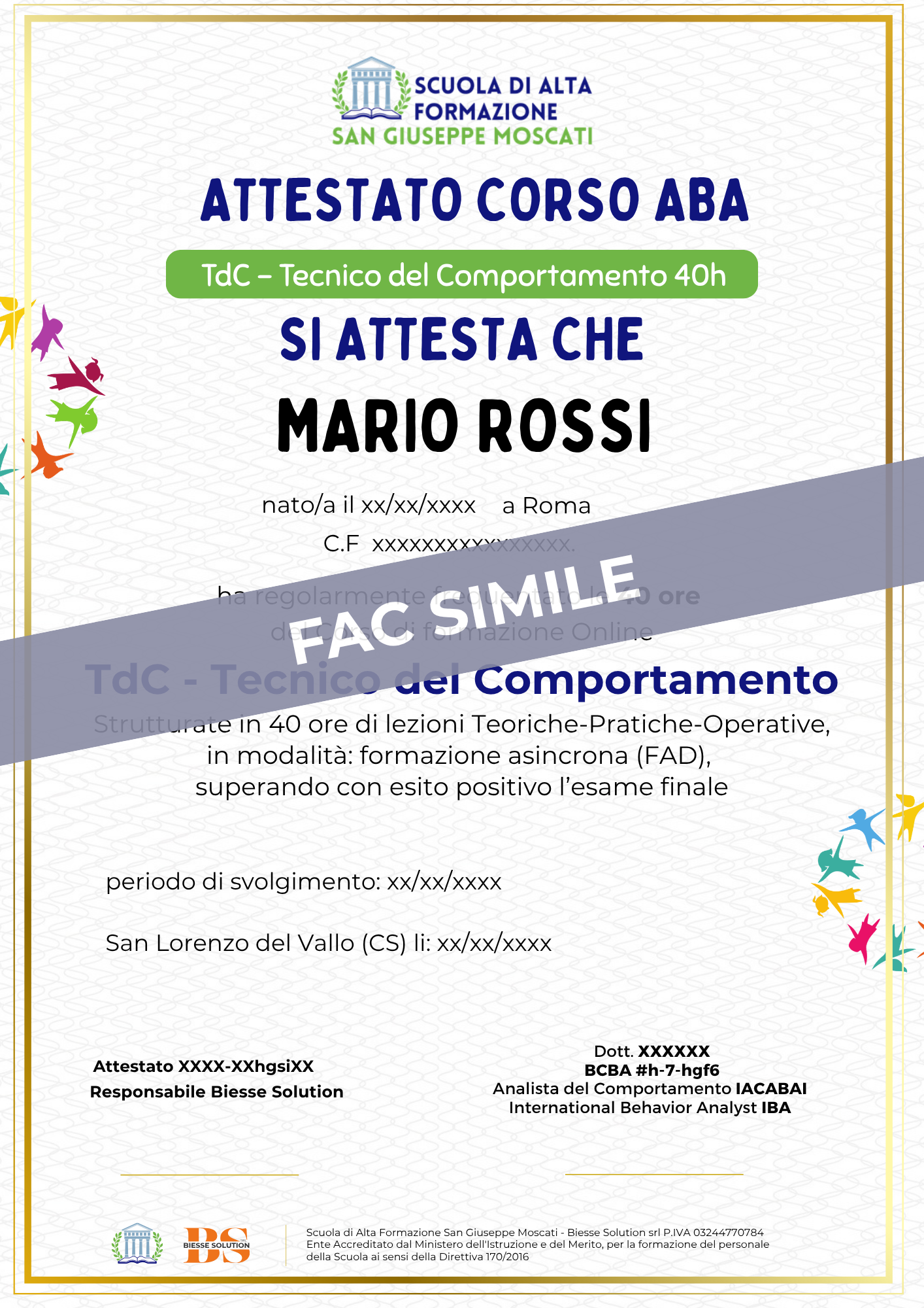 Fac simile dell'attestato del Corso Tecnico ABA riconosciuto dal MIM