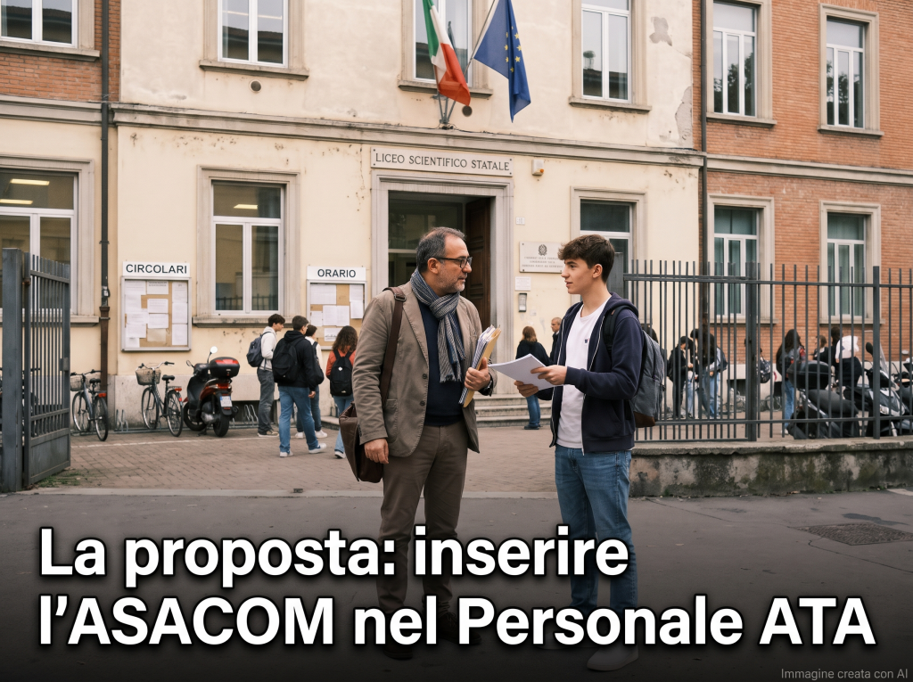 Docente e alunno davanti ad una scuola. In primo piano la scritta: "La proposta: inserire l'ASACOM nel Personale ATA"