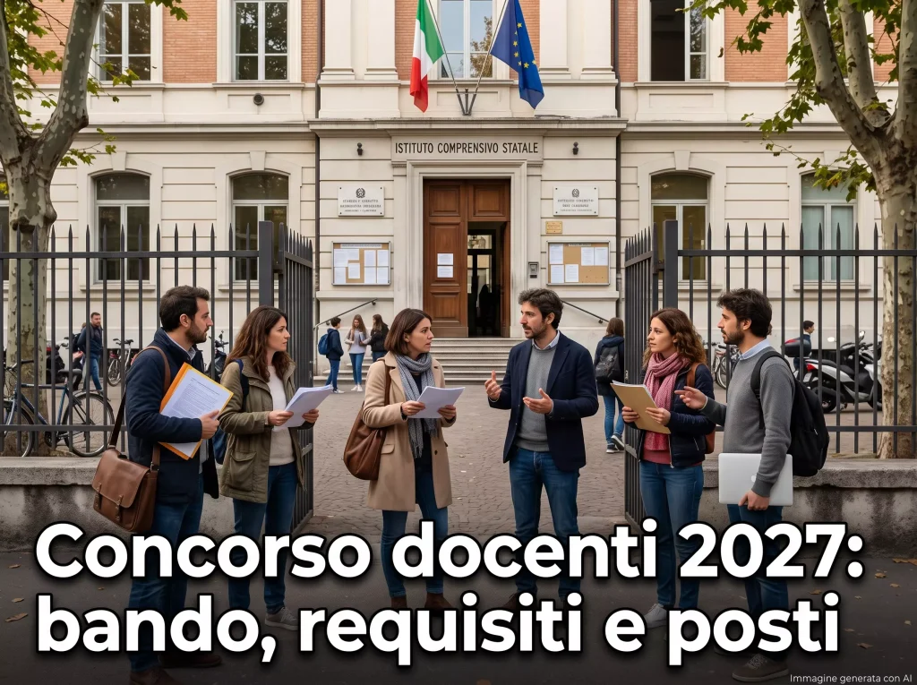 Un gruppo di docenti davanti al cancello di un edificio scolastico. In primo piano la scritta: "Concorso docenti 2027: bando, requisiti e posti".