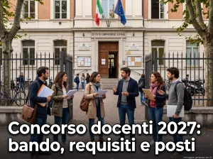 Un gruppo di docenti davanti al cancello di un edificio scolastico. In primo piano la scritta: "Concorso docenti 2027: bando, requisiti e posti".
