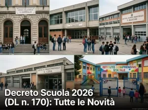 Immagine divisa in 5 parti con altrettanti edifici scolastici. In primo piano la scritta: "Decreto Scuola 2026 (DL n. 170): Tutte le Novità".