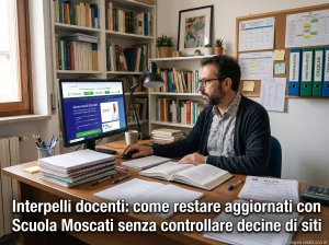 Docente consulta la pagina di Scuola Moscati sul monitor del pc. In primo piano la scritta: "Interpelli docenti: come restare aggiornati con Scuola Moscati senza controllare decine di siti"