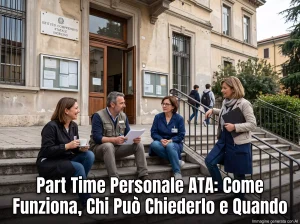 Alcune figure ATA davanti ad una scuola. In primo piano la scritta "Part Time Personale ATA: Come Funziona, Chi Può Chiederlo e Quando".