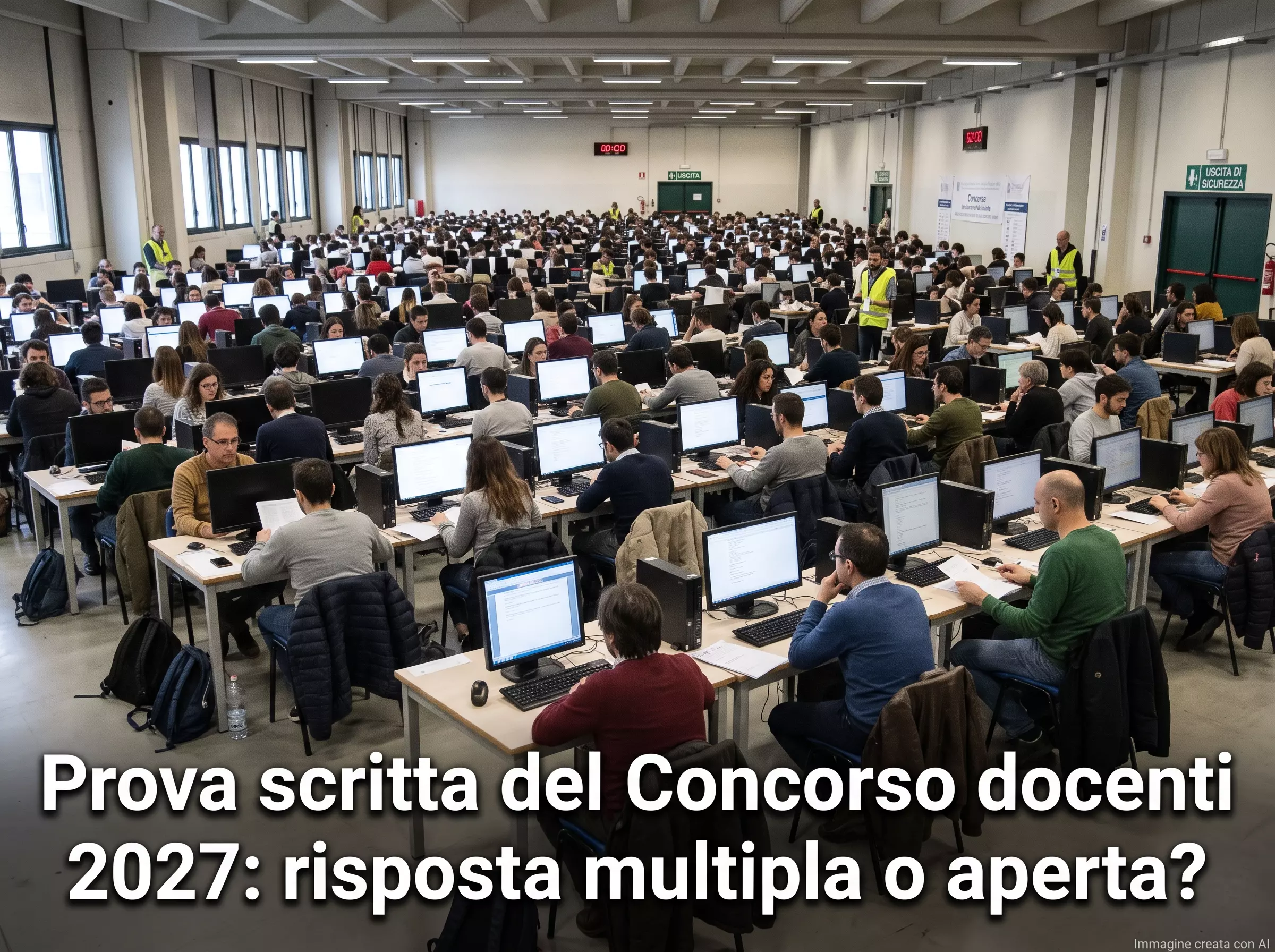 Aula d'esame durante la prova scritta. In primo piano la scritta: "Prova scritta del Concorso docenti 2027: risposta multipla o aperta?".