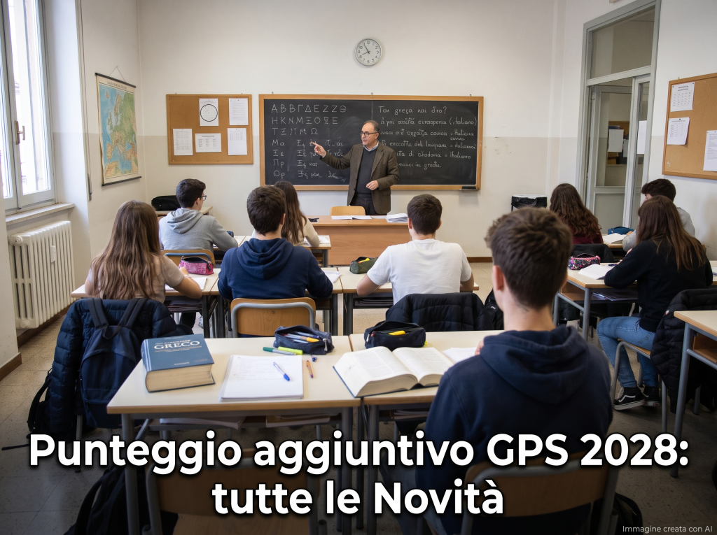 Punteggio aggiuntivo GPS 2028: docente in classe durante la lezione. In primo piano la scritta: "Punteggio aggiuntivo GPS 2028: tutte le Novità"