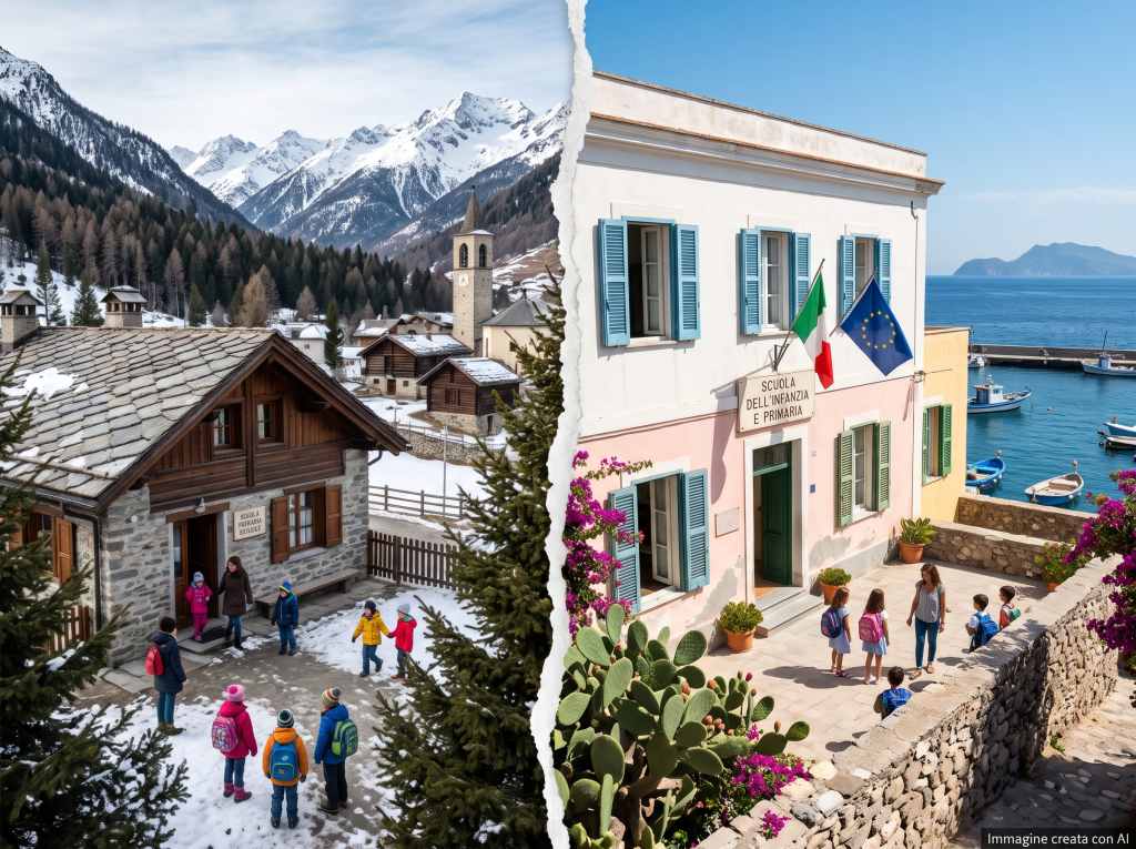 Punteggio aggiuntivo GPS 2028: foto divisa in 2: in una metà una scuola di montagna, nell'altra una scuola su un'isola.