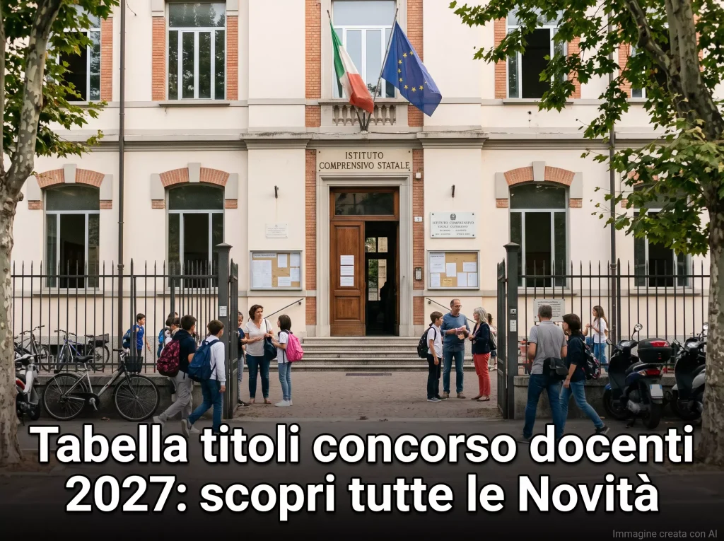 Edificio scolastico. In primo piano la scritta: "Tabella titoli concorso docenti 2027: scopri tutte le Novità".
