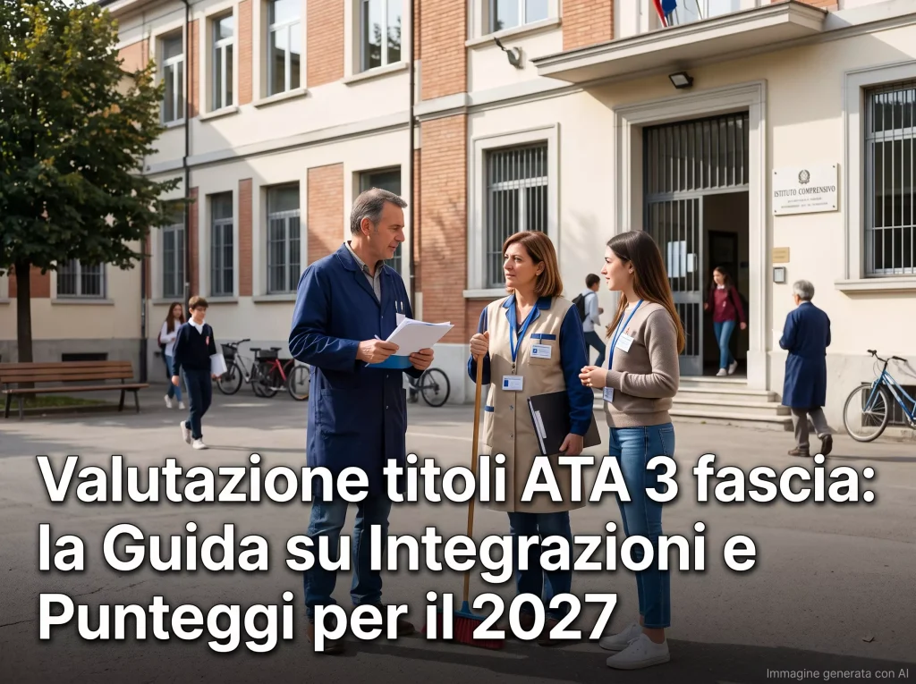 Alcune figure ATA davanti ad una scuola. In primo piano la scritta "Valutazione titoli ATA 3 fascia: la Guida su Integrazioni e Punteggi per il 2027".
